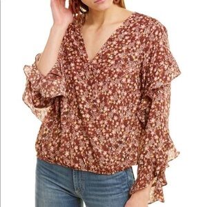 DR2 Ruffle Ditsy Floral Faux Wrap V-Neck Long Sleeve Crepe Blouse - Size Medium